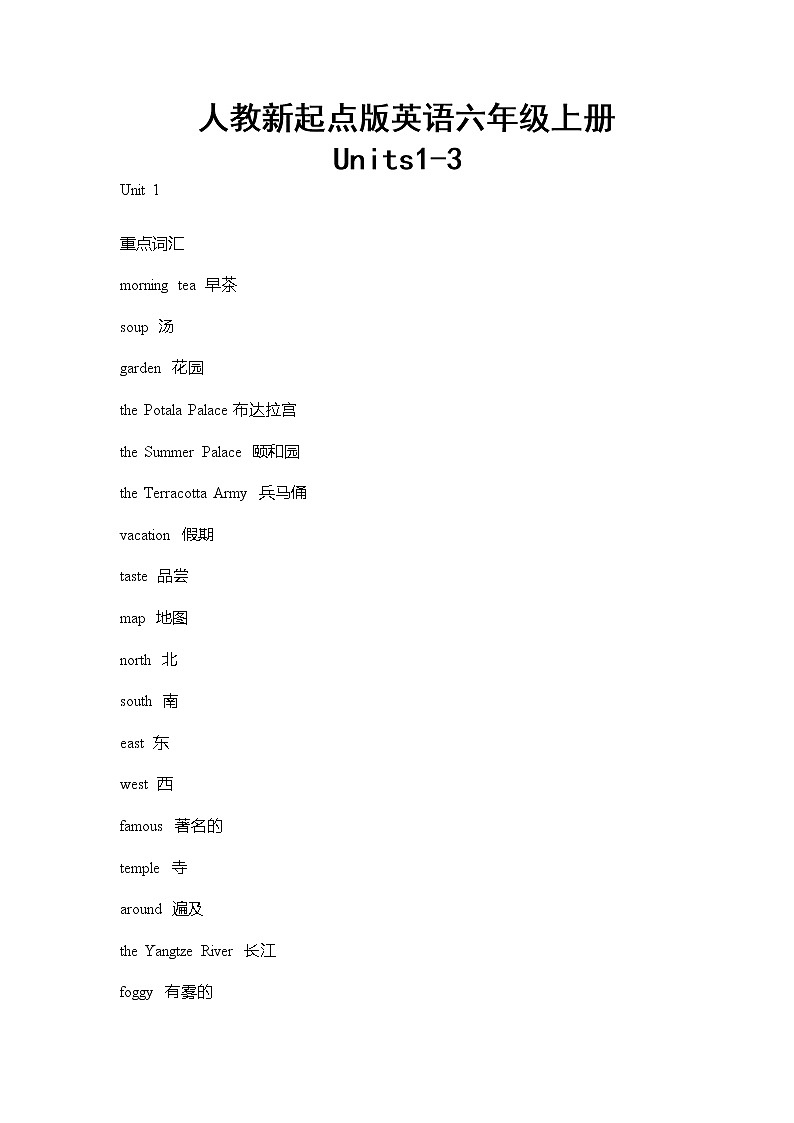 人教新起点版英语六年级上册Units1-3单元重难点知识归纳总结学案01