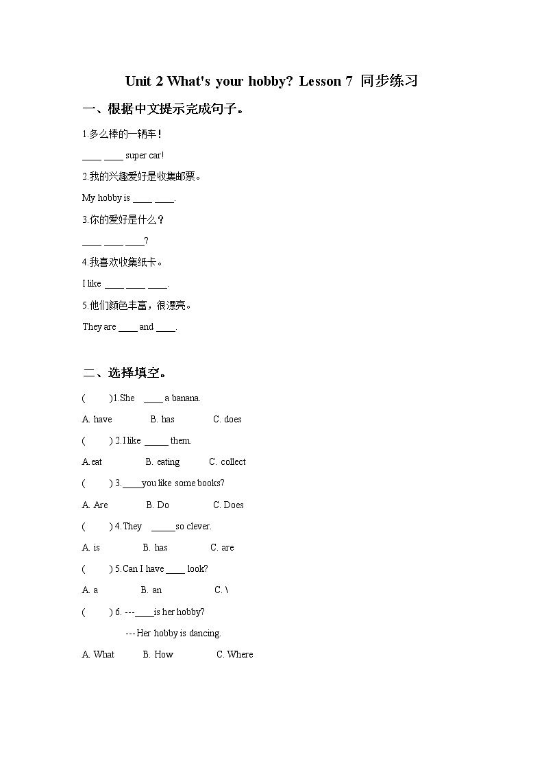 小学英语人教精通版六年级上册Unit 2 What’s your hobby Lesson 7同步教案 课件 练习01