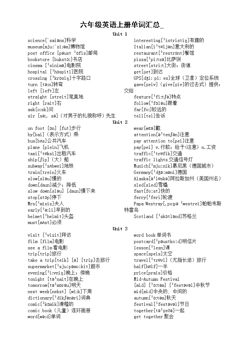 小学英语人教PEP版六年级上册《单词》汇总（直接打印每生一份熟记）练习题第1页
