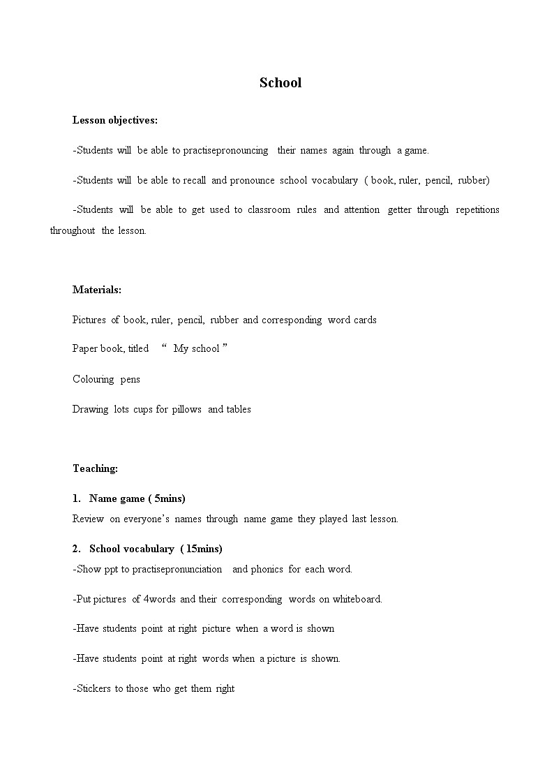 一年级上册英语Unit 1 School_教案3-人教新起点版01