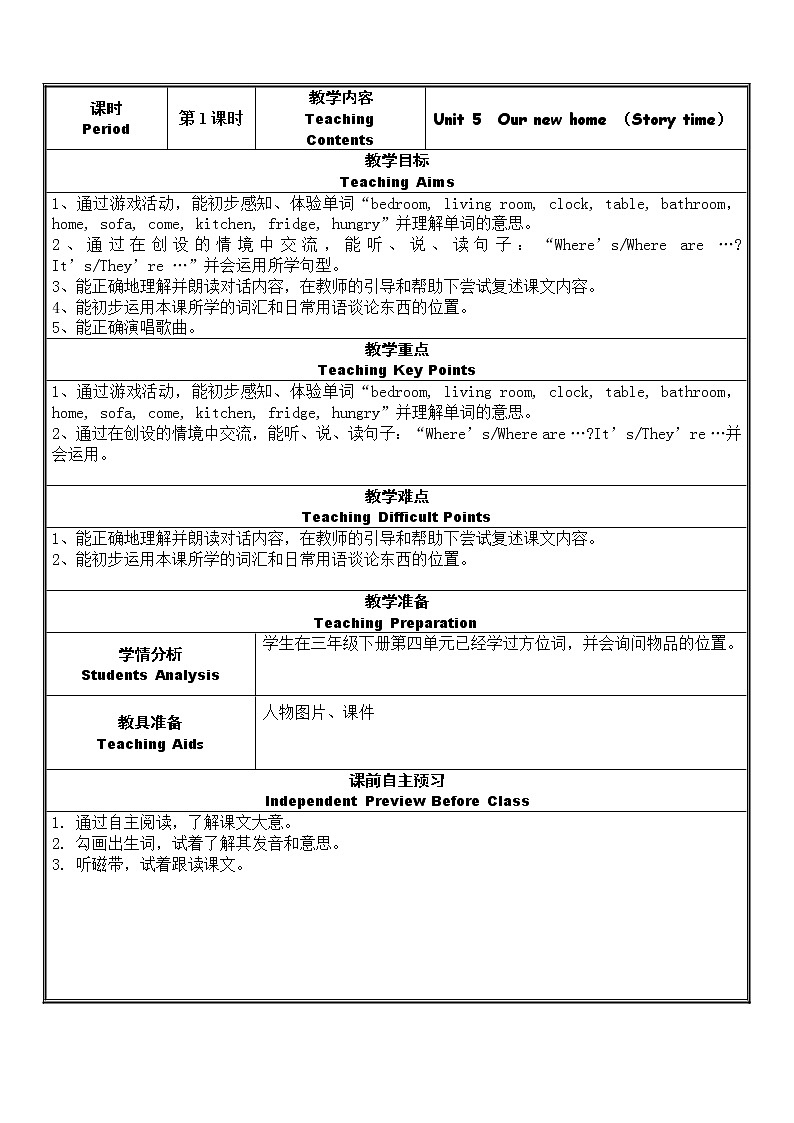 译林版四上英语 上Unit5教案第1页