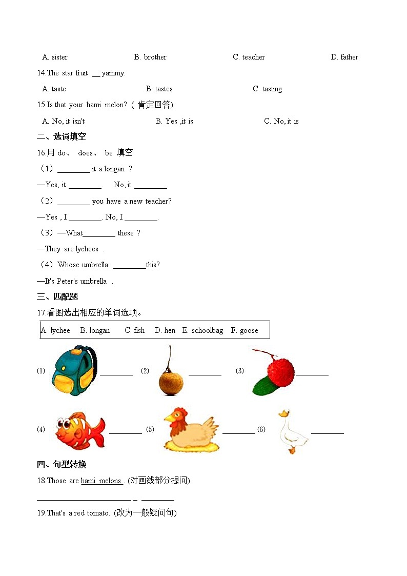 五年级上册英语第六单元测试题 （A卷）-unit 6 It 's a grapefruit 人教精通版（含答案）第2页