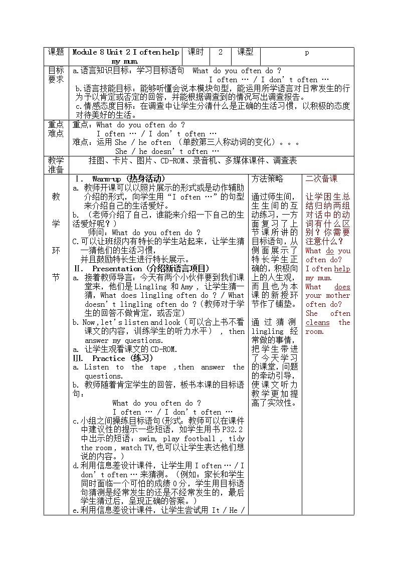 外研一起小学英语六上教案：Module 8 Unit201