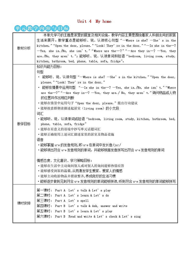 四年级英语上册Unit4Myhome第一课时教案人教PEP01