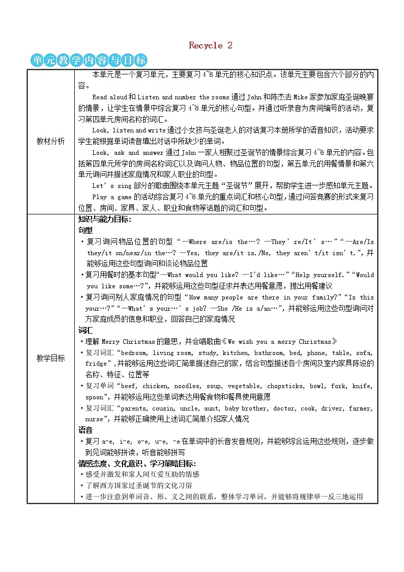 四年级英语上册Recycle2第一课时教案人教PEP第1页
