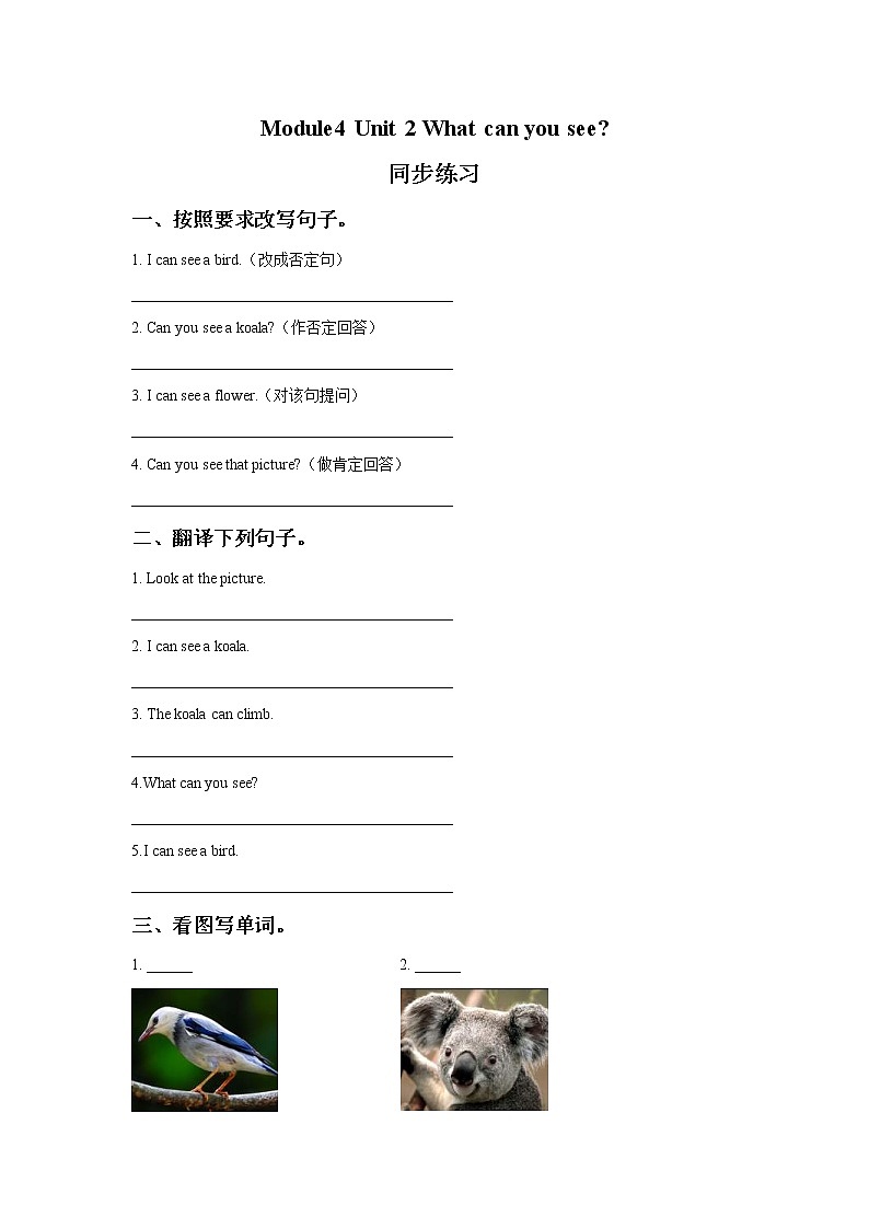 2021年外研版(一起)小学英语三上Module 4 Unit 2《What can you see》同步练习 (含答案)第1页