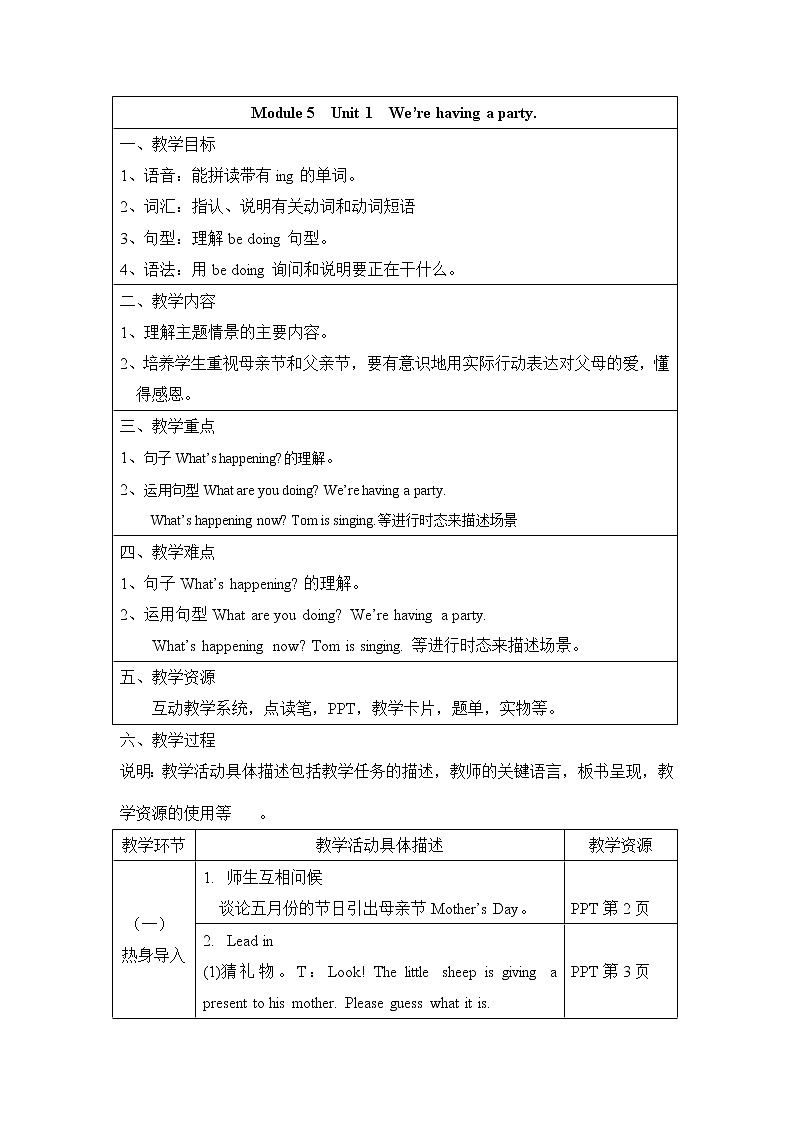 外研版(一年级起点)四年级下册英语教案-Module5Unit1We’rehavingaparty.01