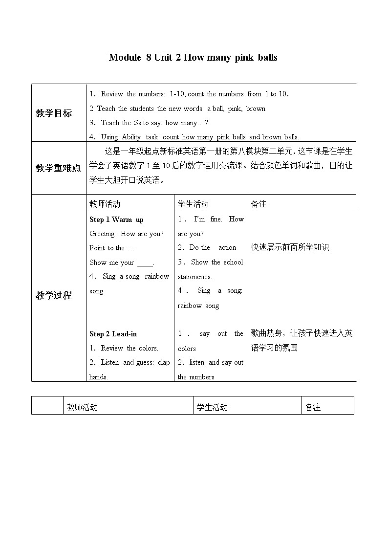 外研版（一起）英语一年级上册 Module 8 Unit2 How many pink balls？_1（教案）01