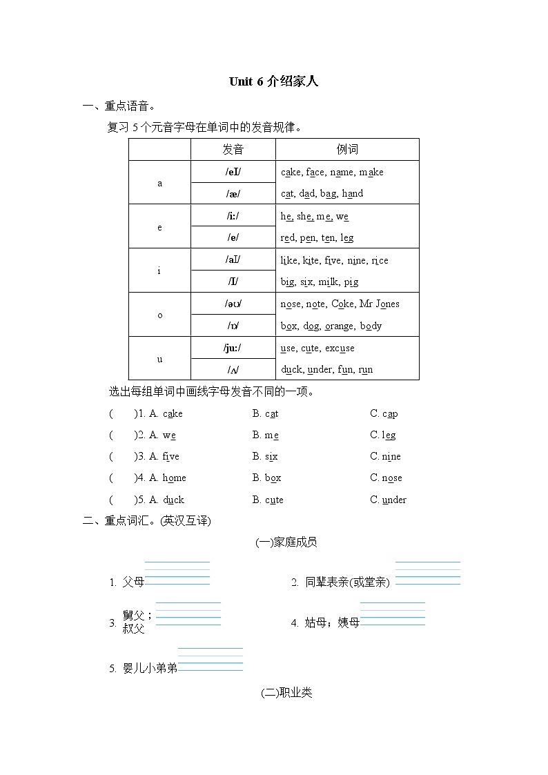 人教版英语四年级上册Unit 6 Meet my family 单元知识梳理卷(含答案）01
