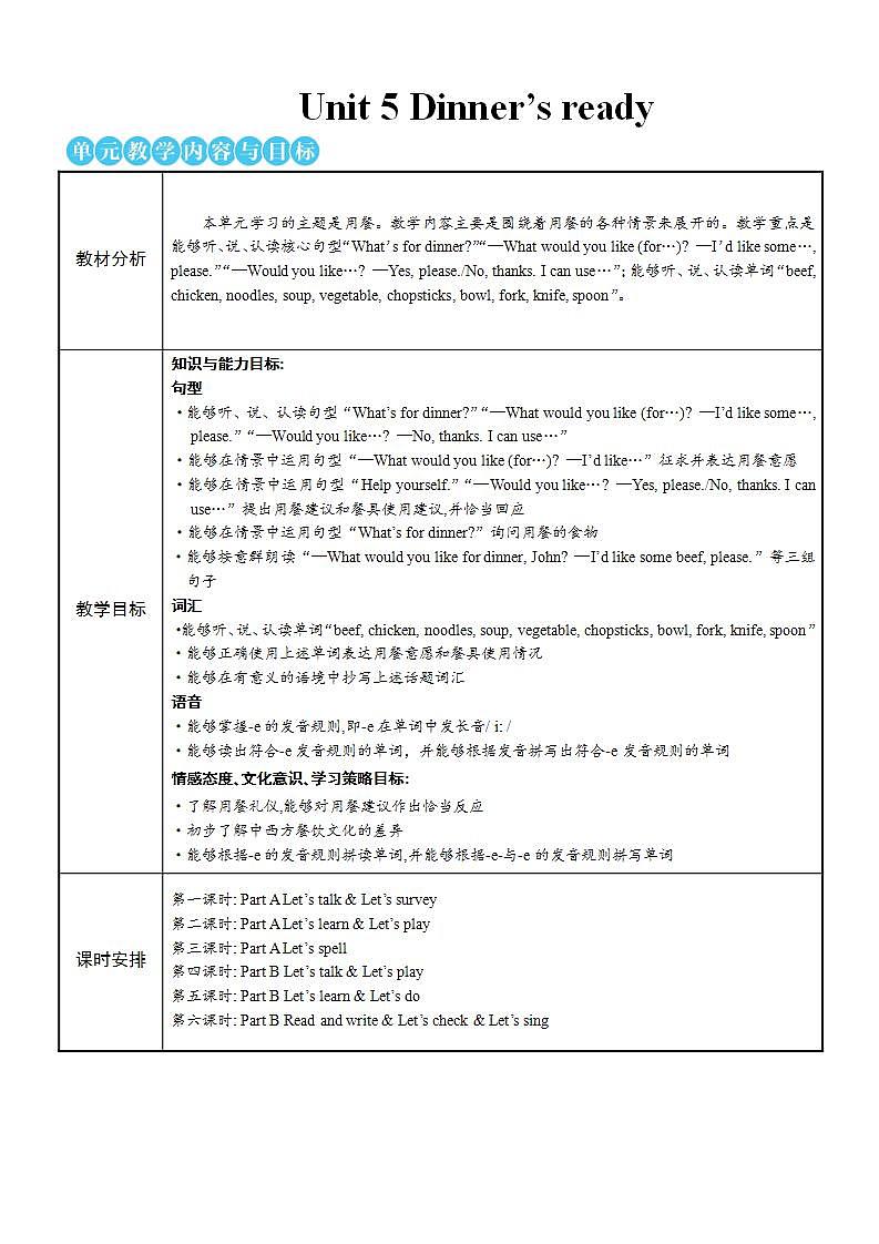 Unit 5 Dinner is ready Part A 第1课时 教案第1页
