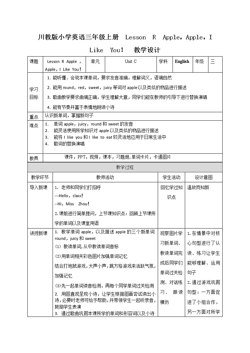 《 Lesson R Apple，Apple，I Like You！ 》教学课件PPT+教案+练习01