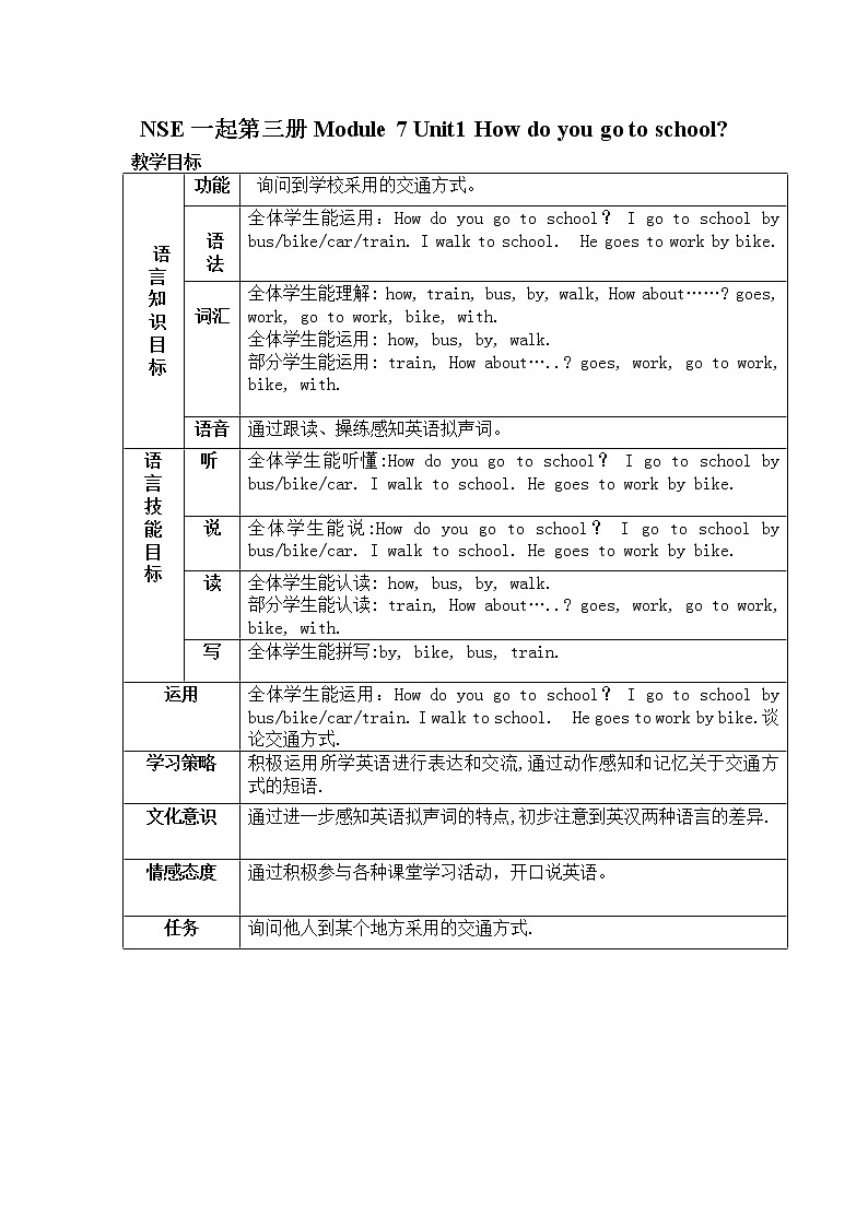 外研版（一起）英语二年级上册 Module 7 Unit1 How do you go to school（教案）01
