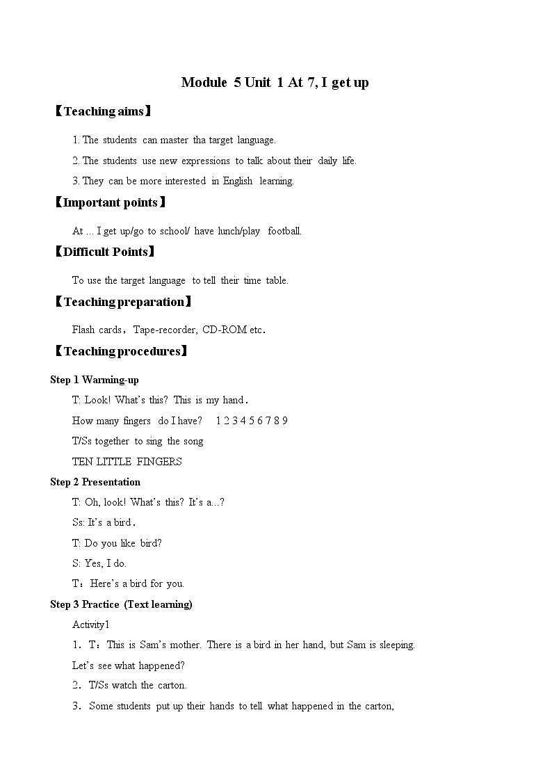 外研版（一起）英语二年级上册 Module5 Unit1Unit 1 At 7, I get up._（教案）01