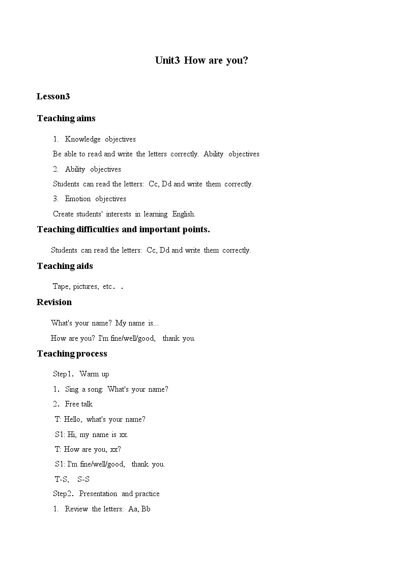 小学英语北京版一年级上册 UNIT THREE  HOW ARE YOU-Lesson 11_教案01