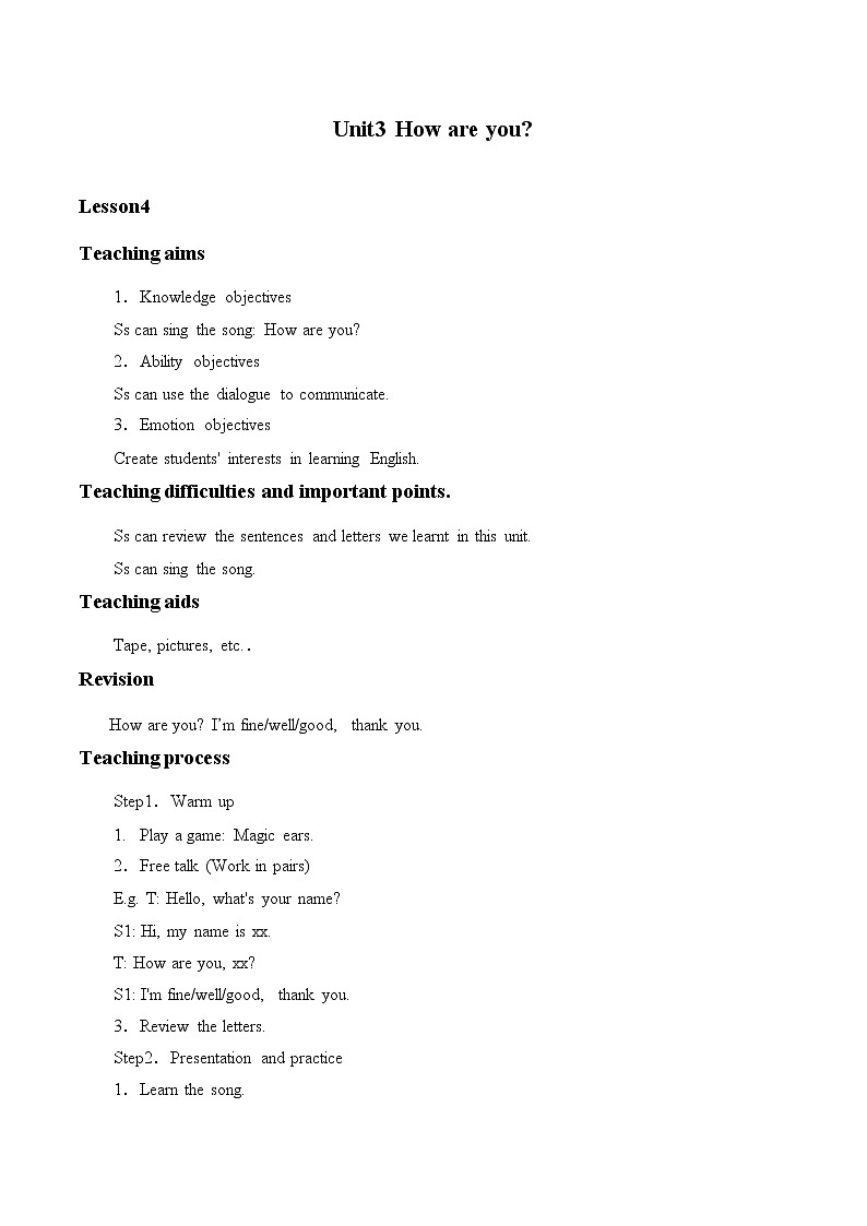 小学英语北京版一年级上册 UNIT THREE  HOW ARE YOU-Lesson 12_教案01