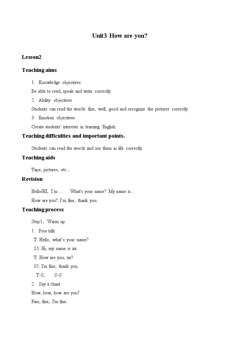 小学英语北京版一年级上册 UNIT THREE  HOW ARE YOU-Lesson 10_教案01