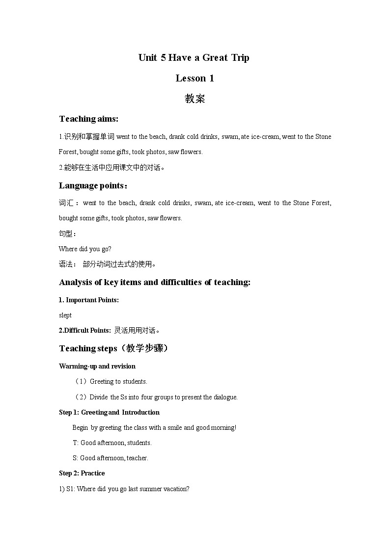 Unit 5 Have a Great Trip Lesson 1 教案 101
