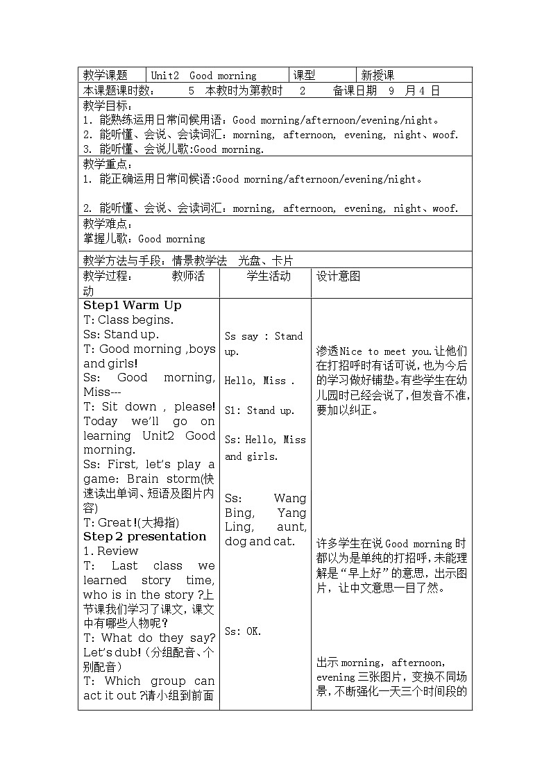 Unit 2 Good morning 教案（5个课时）01