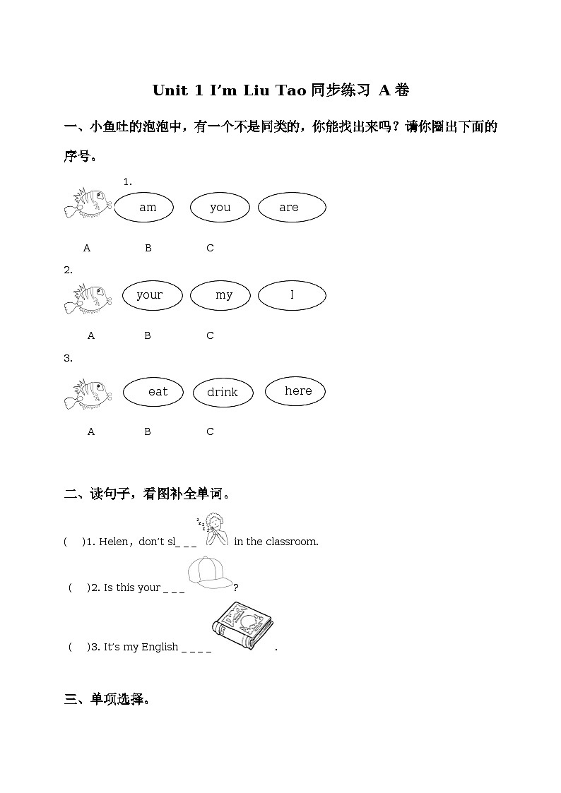 Unit 1 I’m Liu Tao 同步练习（A，B卷含答案）01