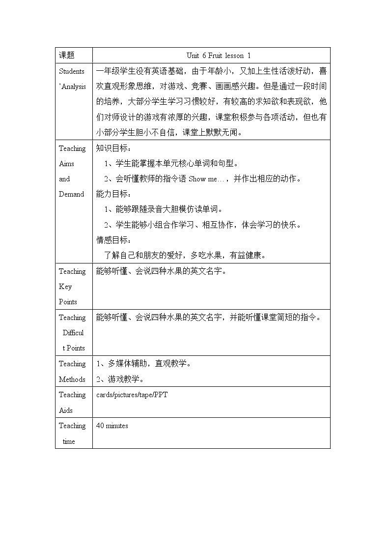 一年级上册英语人教版新起点Unit 6 lesson 1   教案01
