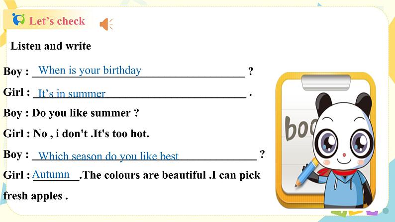 人教版PEP英语五年级下册第二单元第六课时PartB（Read and write&Let's che ck&Story time）课件+教案+习题08