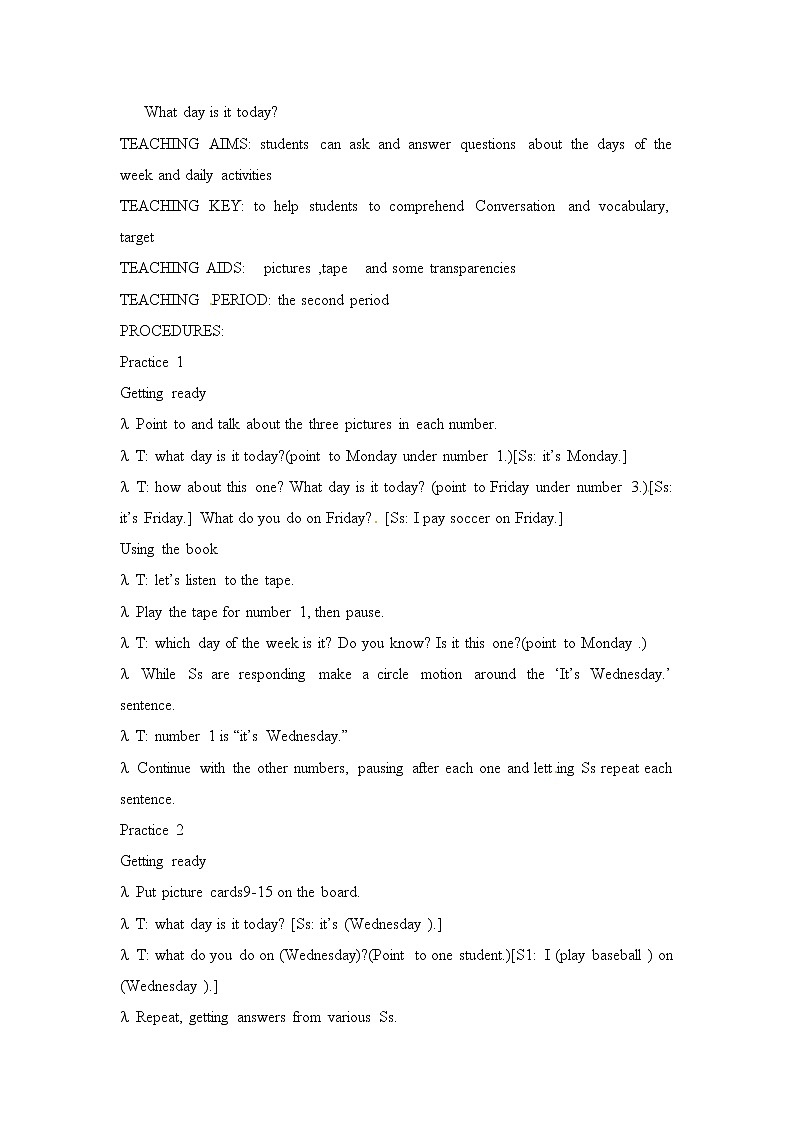 三年级下英语教案-what day is it today 5 川教版（三起）01