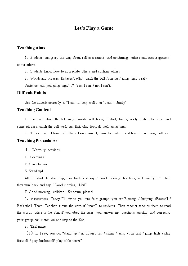 川教版英语三年级下册Lesson D  Let's Play a Game 教案01