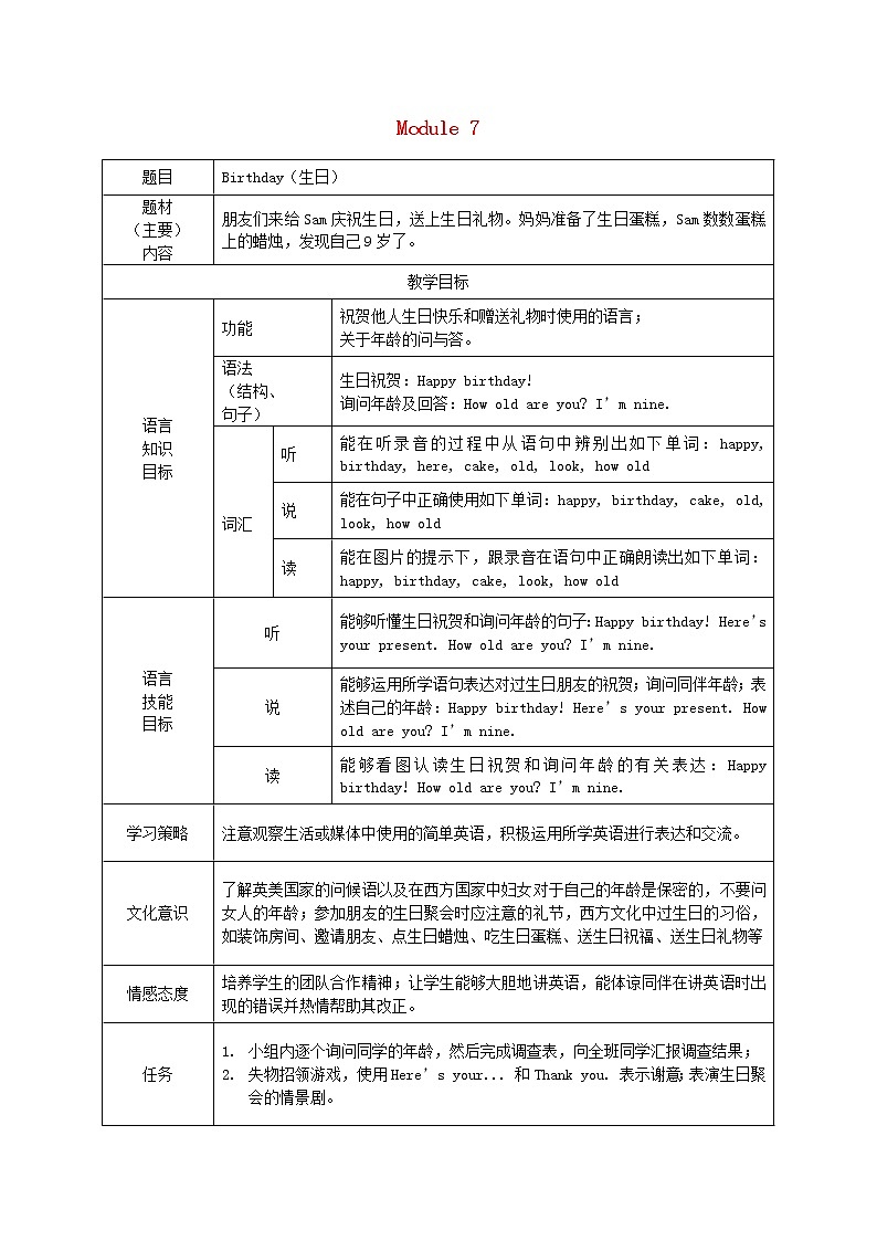 三年级英语上册Module7Birthday生日教案外研版三起第1页