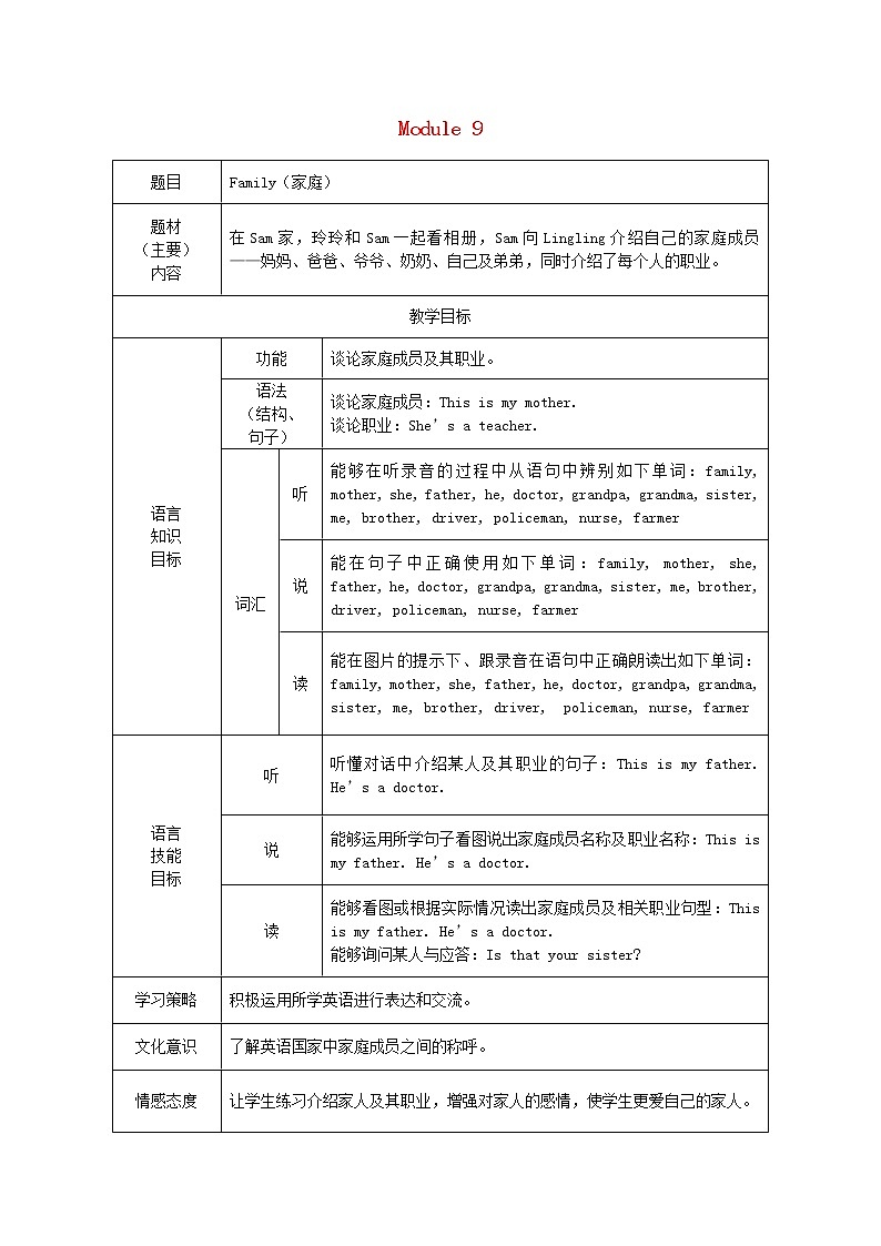 三年级英语上册Module9Family家庭教案外研版三起01