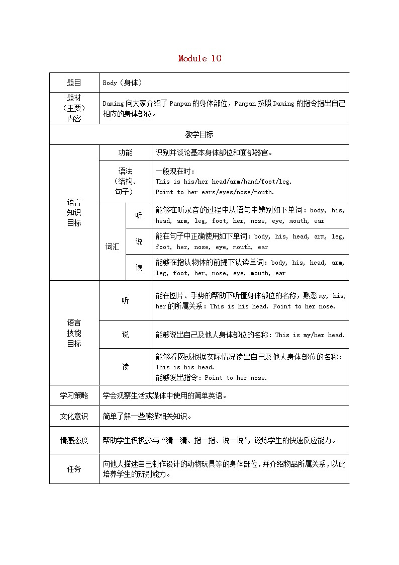 三年级英语上册Module10Body身体教案外研版三起01