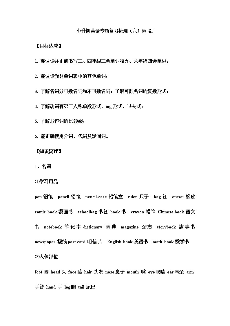小升初英语专项复习梳理（六）词 汇 练习01
