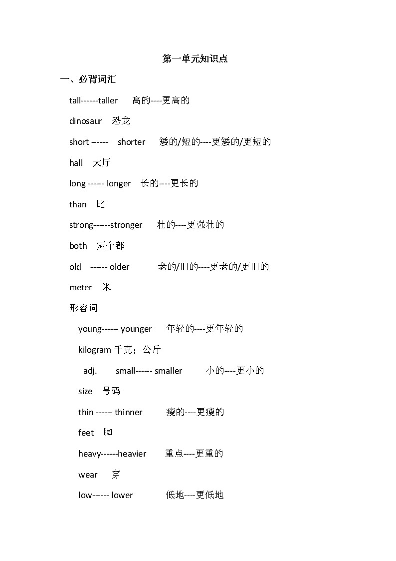 人教PEP英语六年级下册 Unit 1 必记知识点01