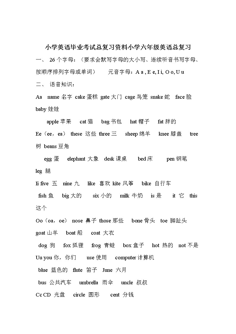 小学六年级英语总复习要点01