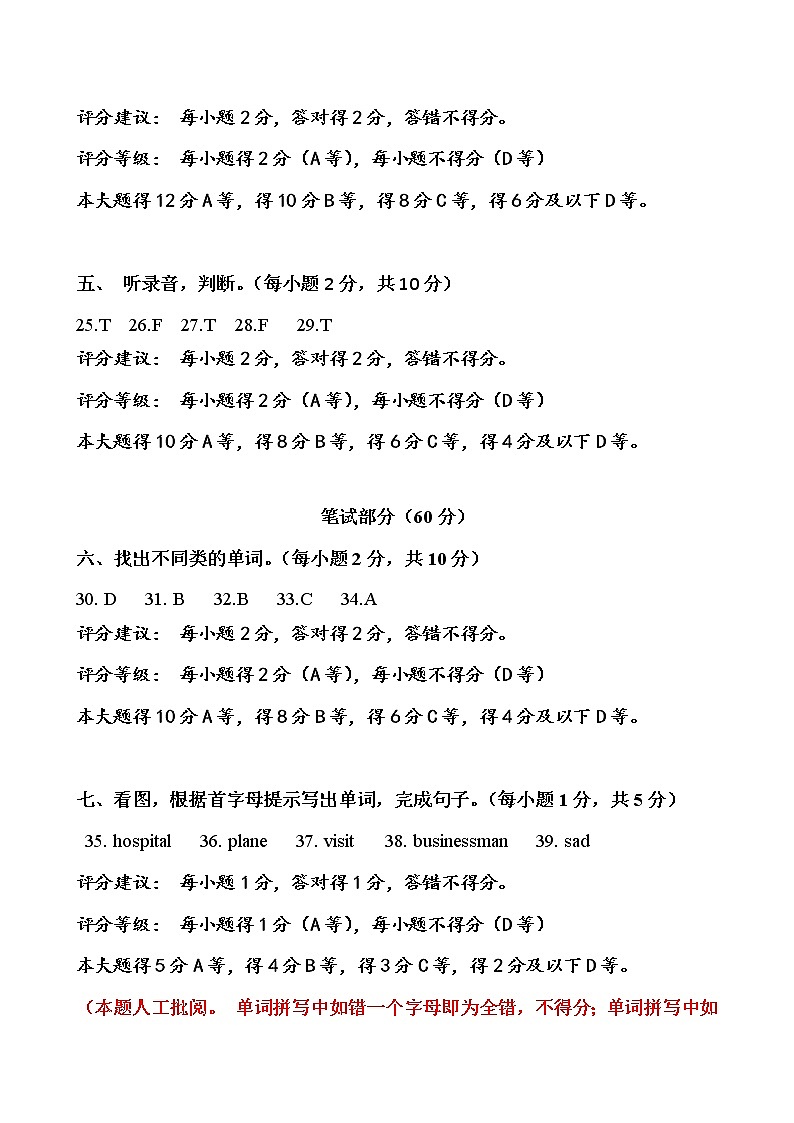 （定0116）六年级-英语-答案第2页