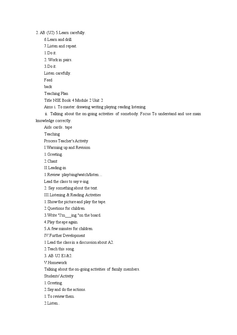 外研版（一起）英语二年级下册教案 Module 4《Unit 2 What’s he doing》02