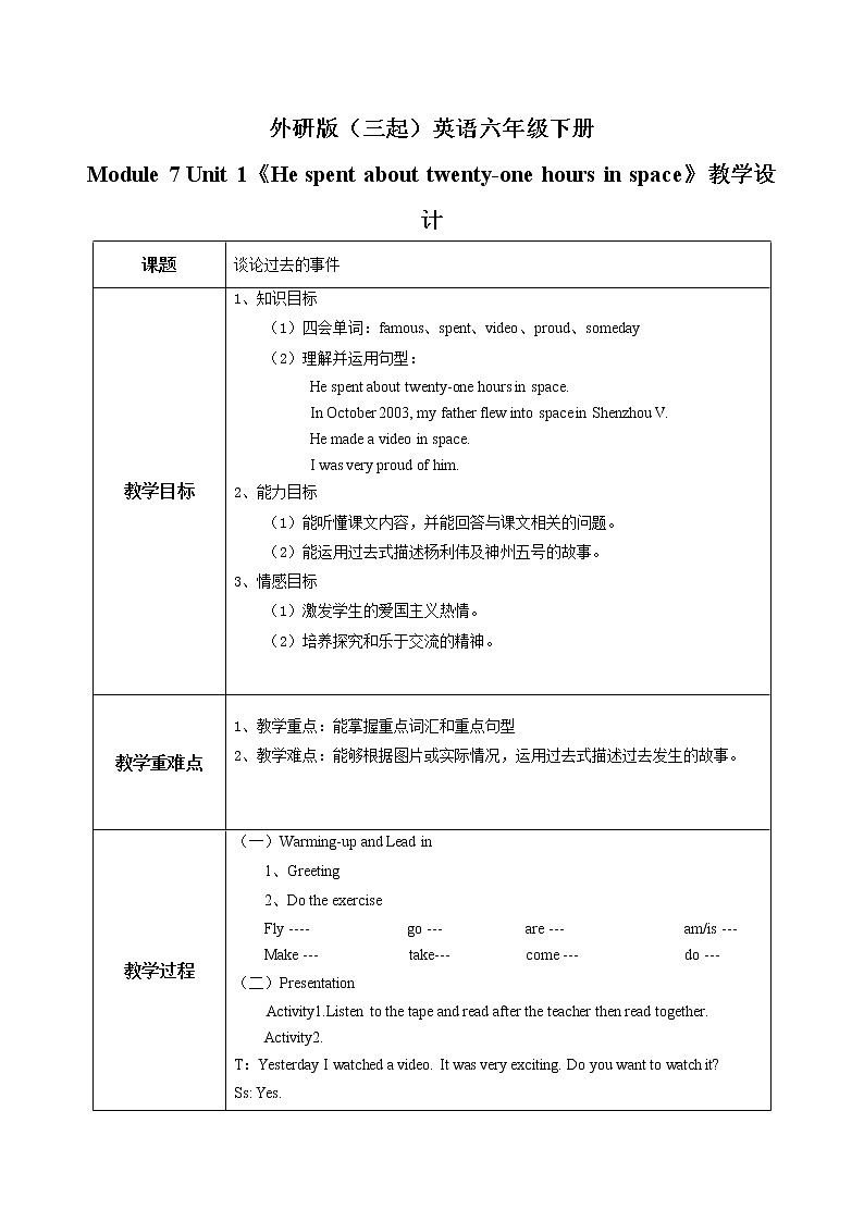 外研版（三起）六年级下册《Module 7 Unit 1 He spent about twenty-one hours in space. 》课件+教案+练习01