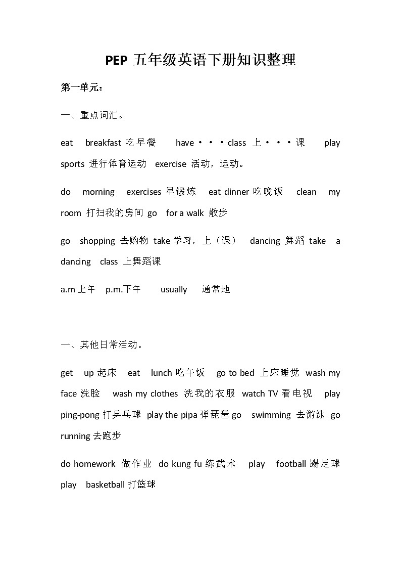 PEP五年级英语下册知识整理课件PPT第1页