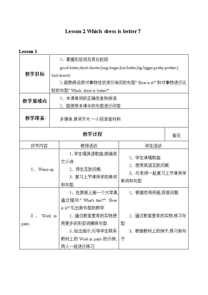 unit 1 Lesson 2 Which dress is better 第一课时_课件+教案01