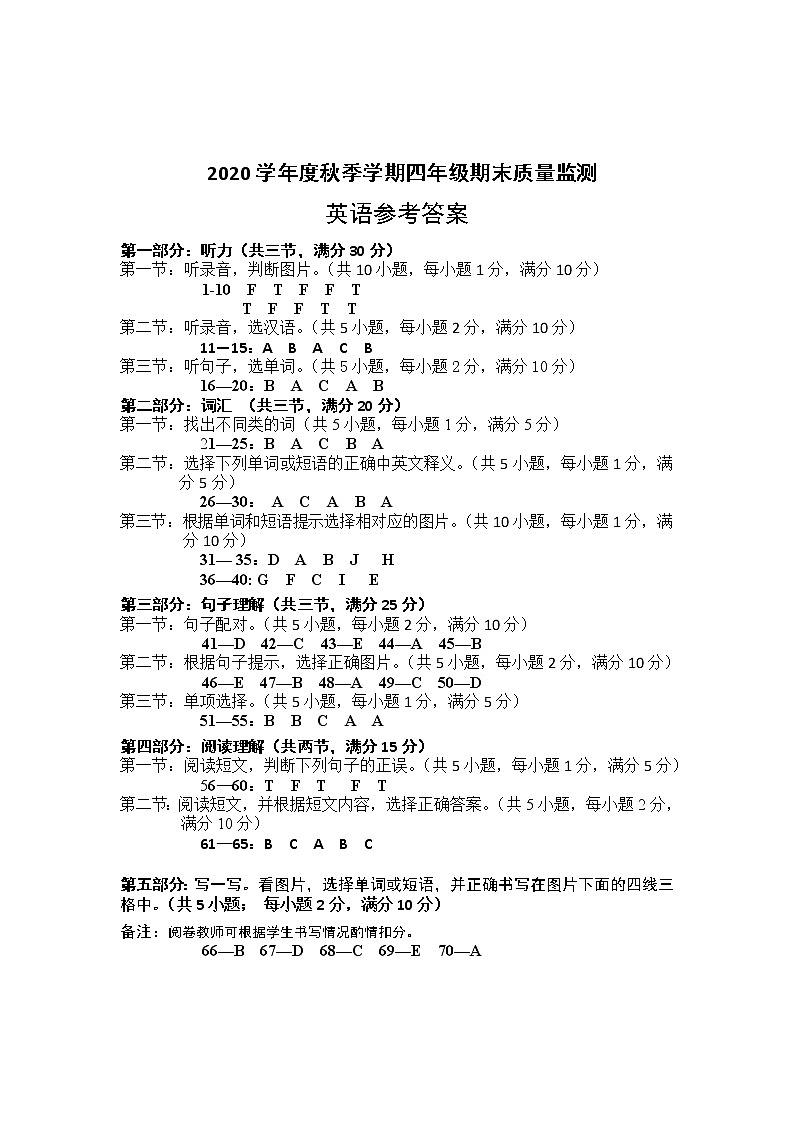 2.  2020学年度秋季学期四年级期末质量监测英语参考答案第1页