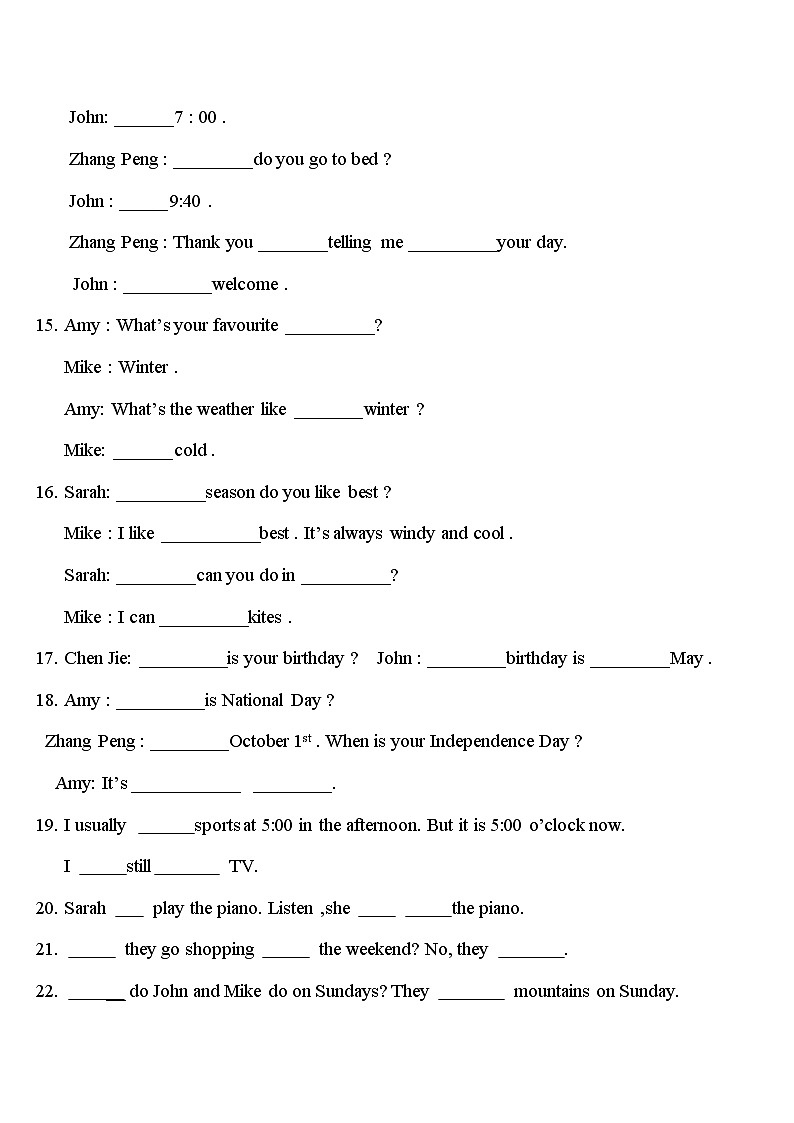小学五年级英语下册填空题专项练习题02