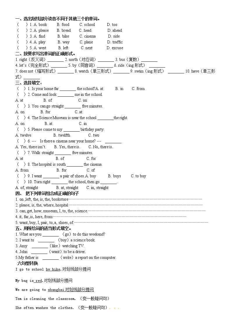 新版PEP六年级英语上册第二单元练习题第1页