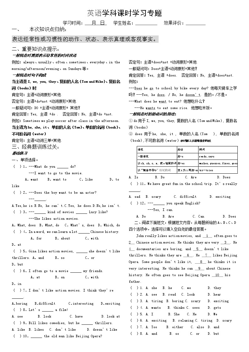 小学英语一般现在时(二)知识点及练习题01