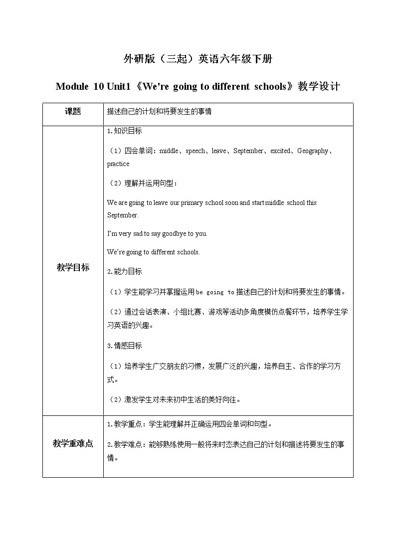 外研版（三起）六年级下册《Module 10 Unit 1 We're going to different schools》课件+教案+练习01