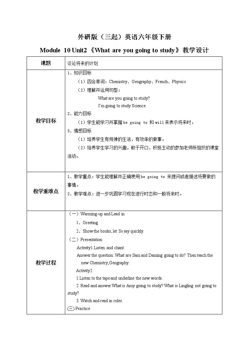 外研版（三起）六年级下册《Module 10 Unit 2 What are you going to study》课件+教案+练习01