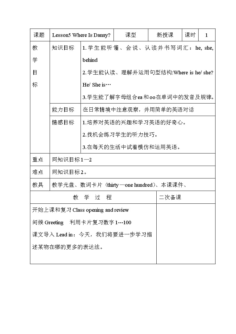 冀教版英语四年级下册 Lesson 5 同步教案第1页