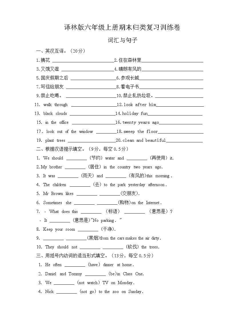 译林版六年级上册期末归类复习训练卷（词汇与句子）01