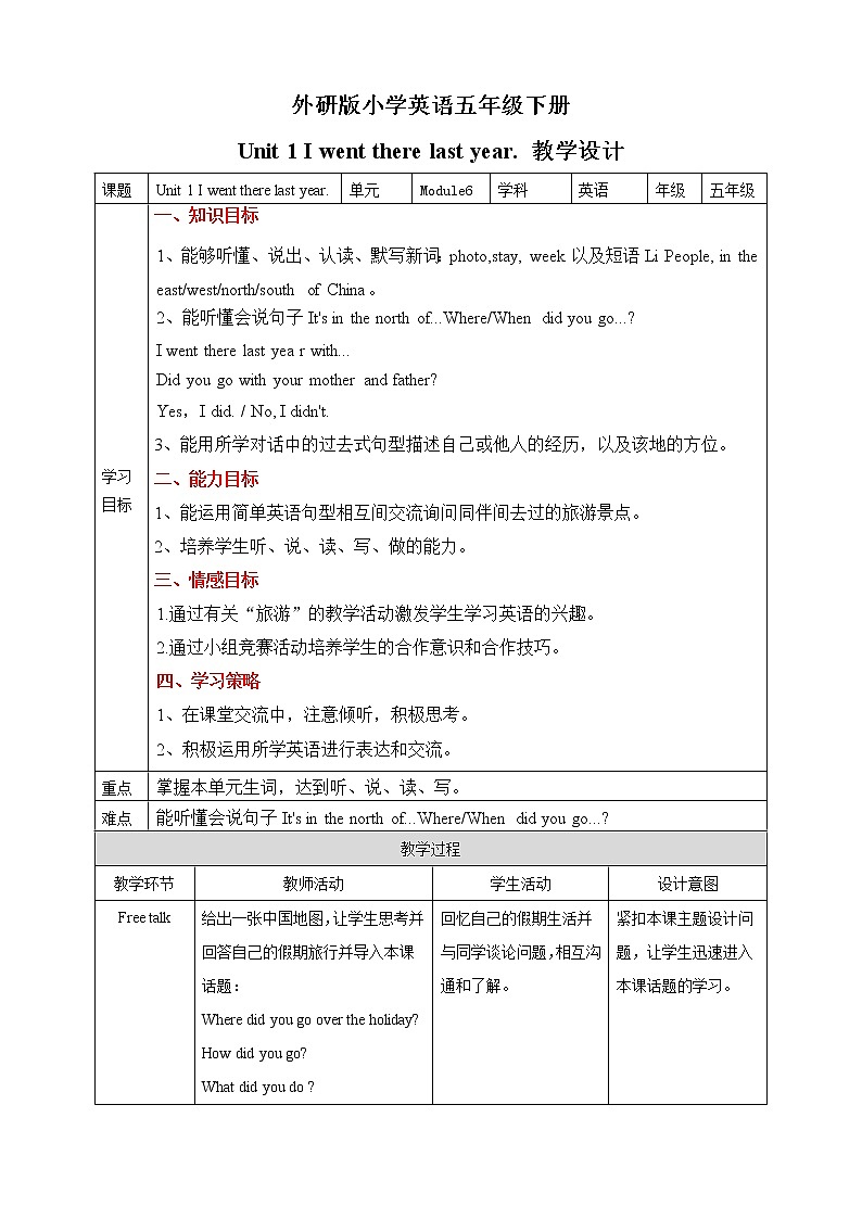 外研版（三起）五年级下册英语-Module 6 Unit 1 I went there last year  课件+教案+练习+素材01