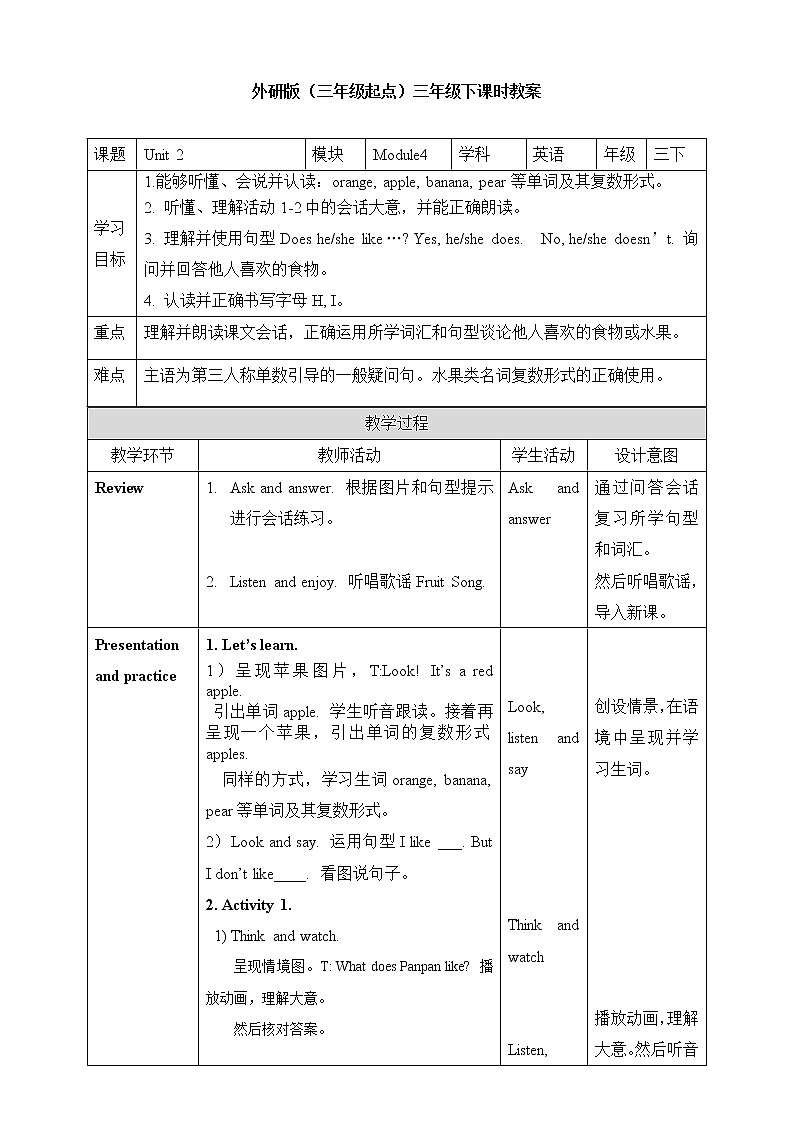 外研版（三起）三年级下册英语-Module 4 Unit 2Does Lingling like oranges  课件+教案+练习+素材01