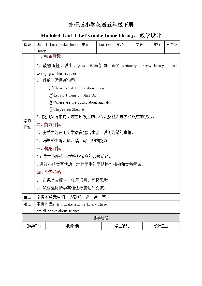 外研版（三起）五年级下册英语-Module 4 Unit 1 Let’s make home library  课件+教案+练习+素材01