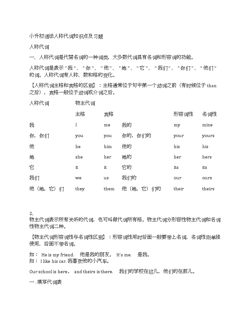 小升初人称代词练习题-试卷下载-教习网